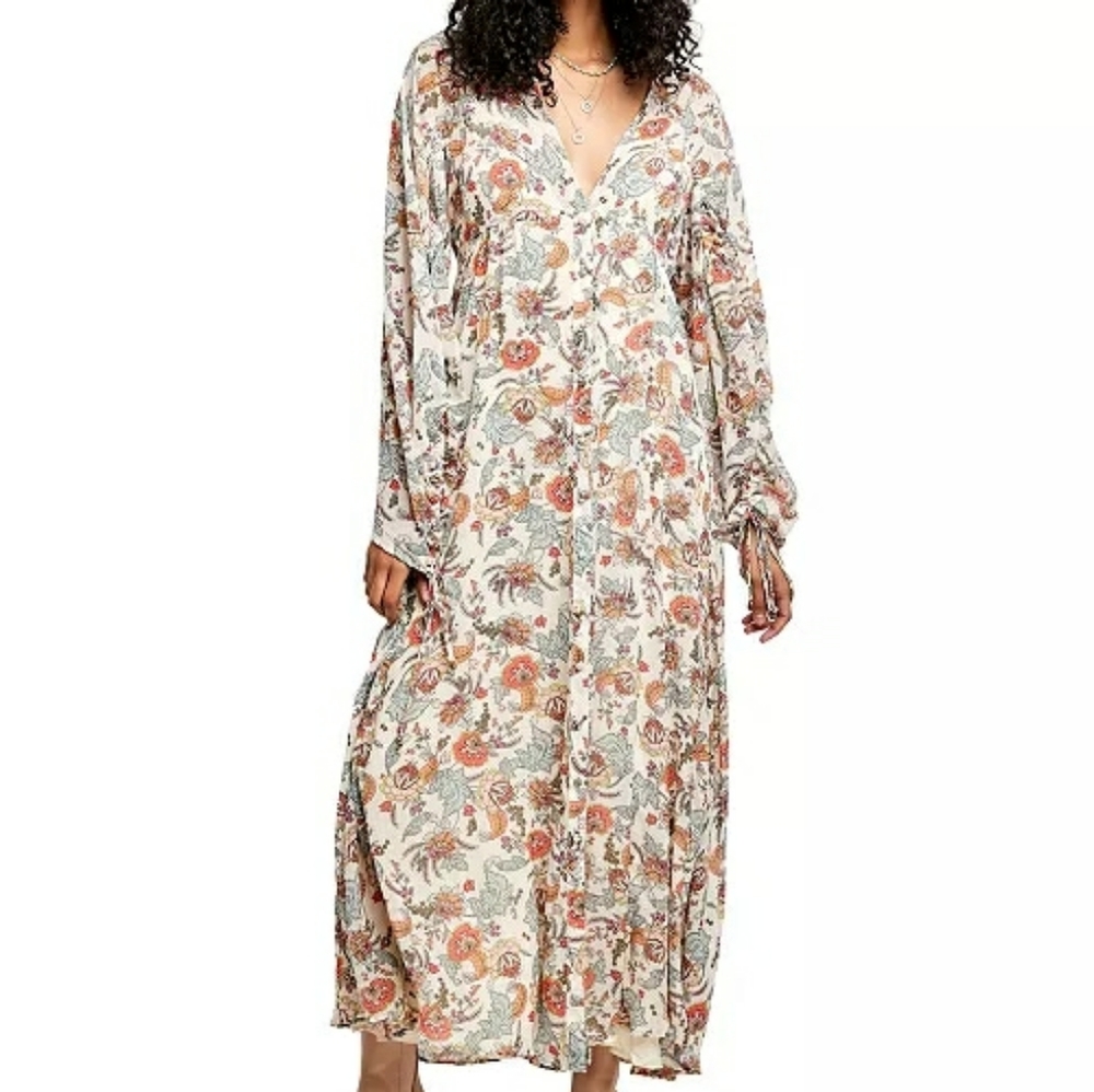 Free People Earthfolk Floral V-Neck Long Sleeve Maxi Dress sz S